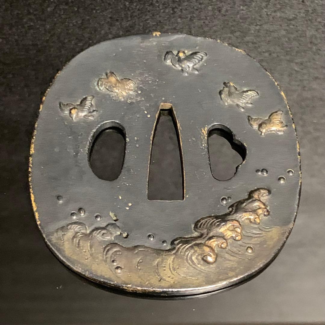 《アンティーク希少レア品！》⭐︎荒波 鳥 鍔つば　江戸期 銅 刀剣鍔♪⭐︎