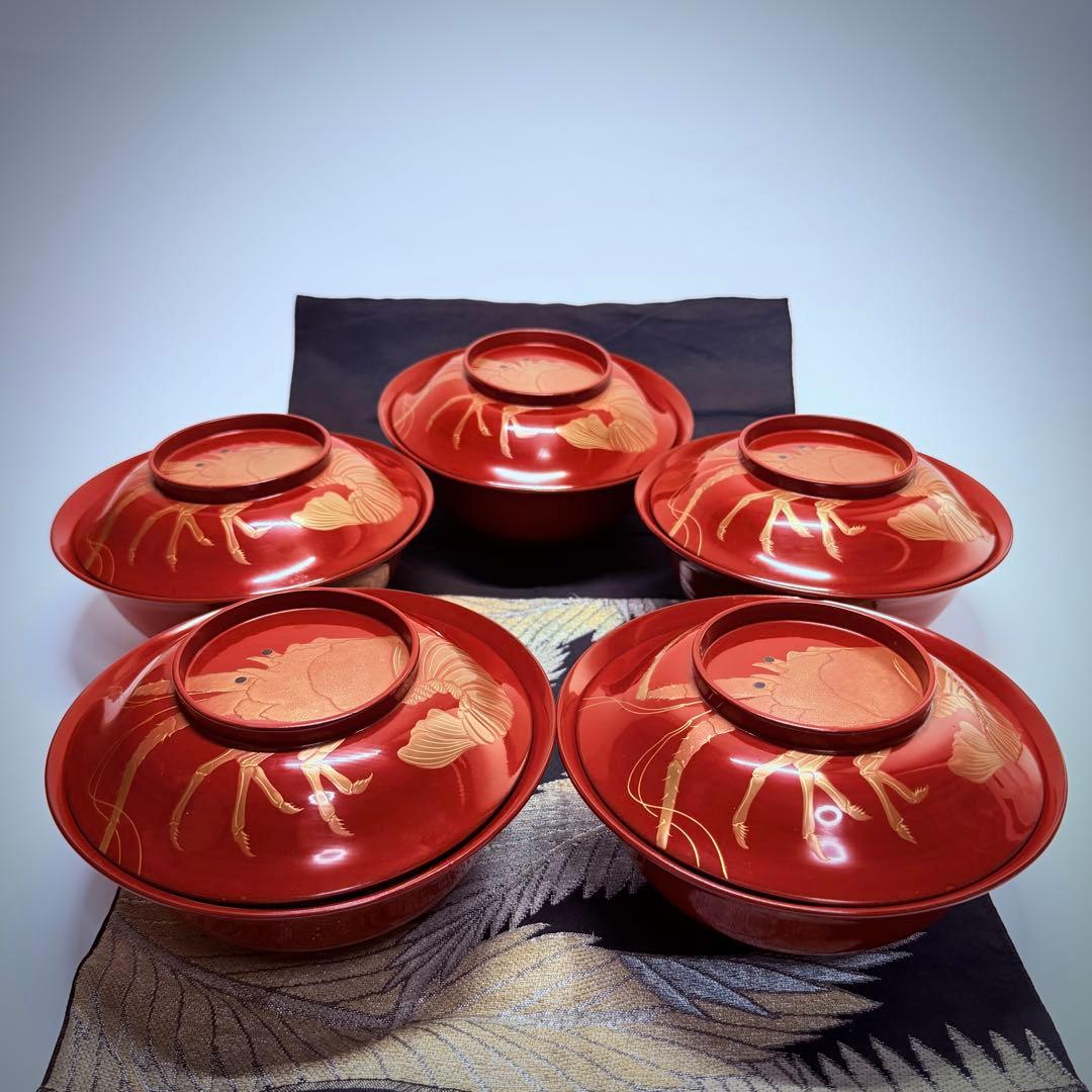 漆器輪島塗　金蒔絵金彩細工伊勢エビ図　木製　蓋付椀　お煮物椀　吸物椀　5客骨董品