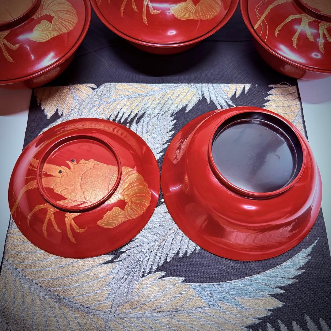 漆器輪島塗　金蒔絵金彩細工伊勢エビ図　木製　蓋付椀　お煮物椀　吸物椀　5客骨董品