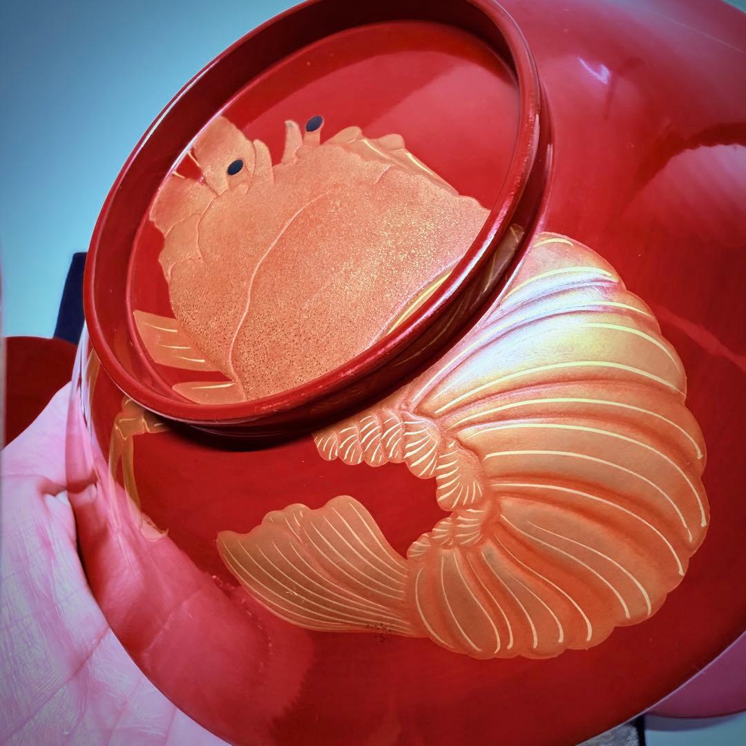 漆器輪島塗　金蒔絵金彩細工伊勢エビ図　木製　蓋付椀　お煮物椀　吸物椀　5客骨董品