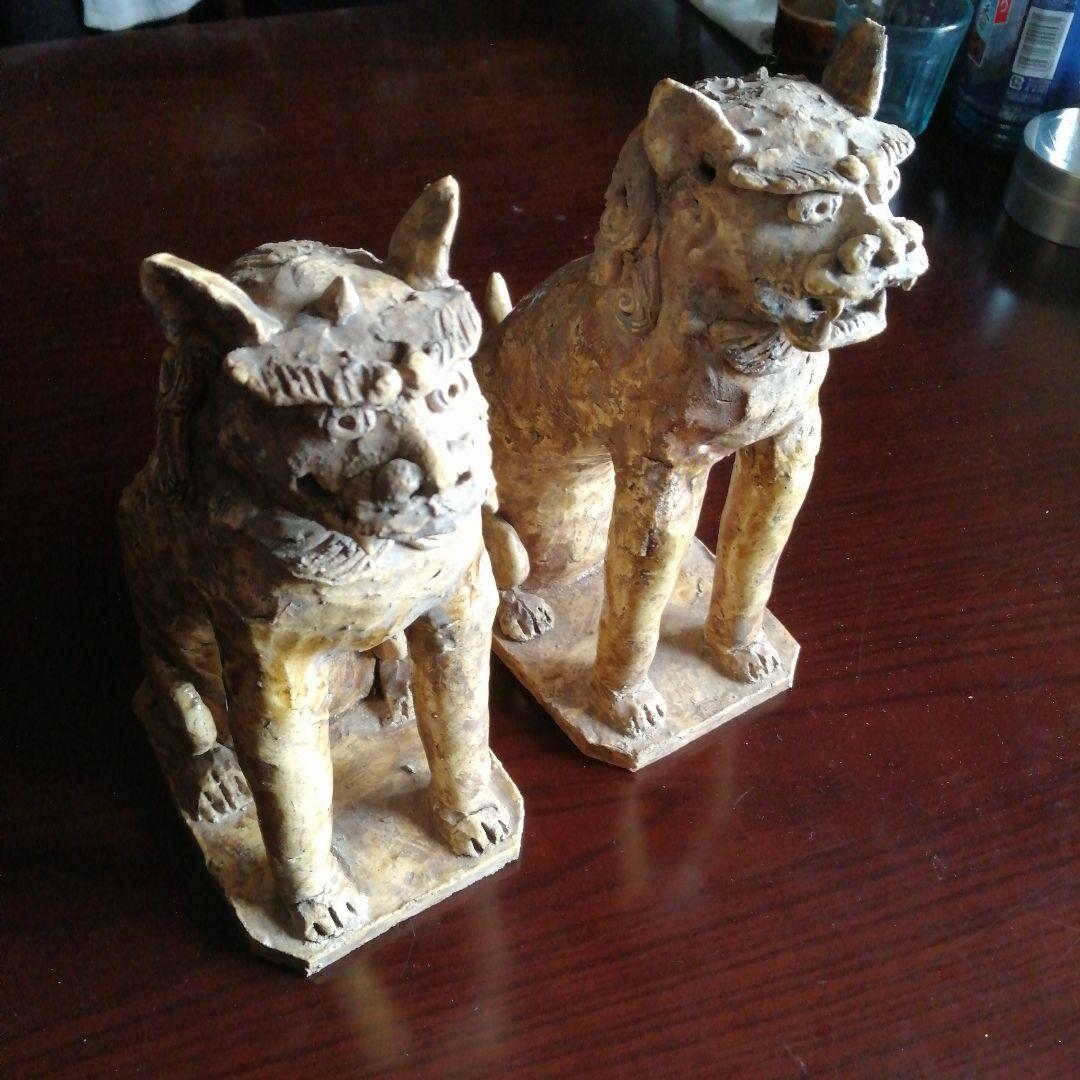 瀬戸焼　黄瀬戸狛犬　25cm　江戸初期～後期