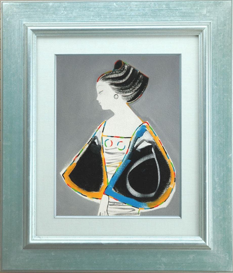 油絵 菅家令子 絵 絵画 インテリア 額付(青緑＋銀) F3-010411 女性