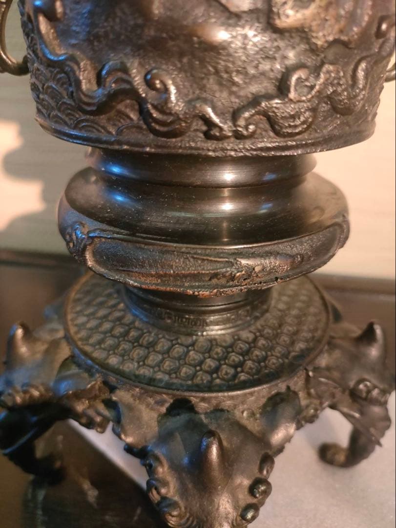 薄端 青銅製 龍双耳 五足 人物花鳥紋 獣足 幅32㎝ 重量約7kg