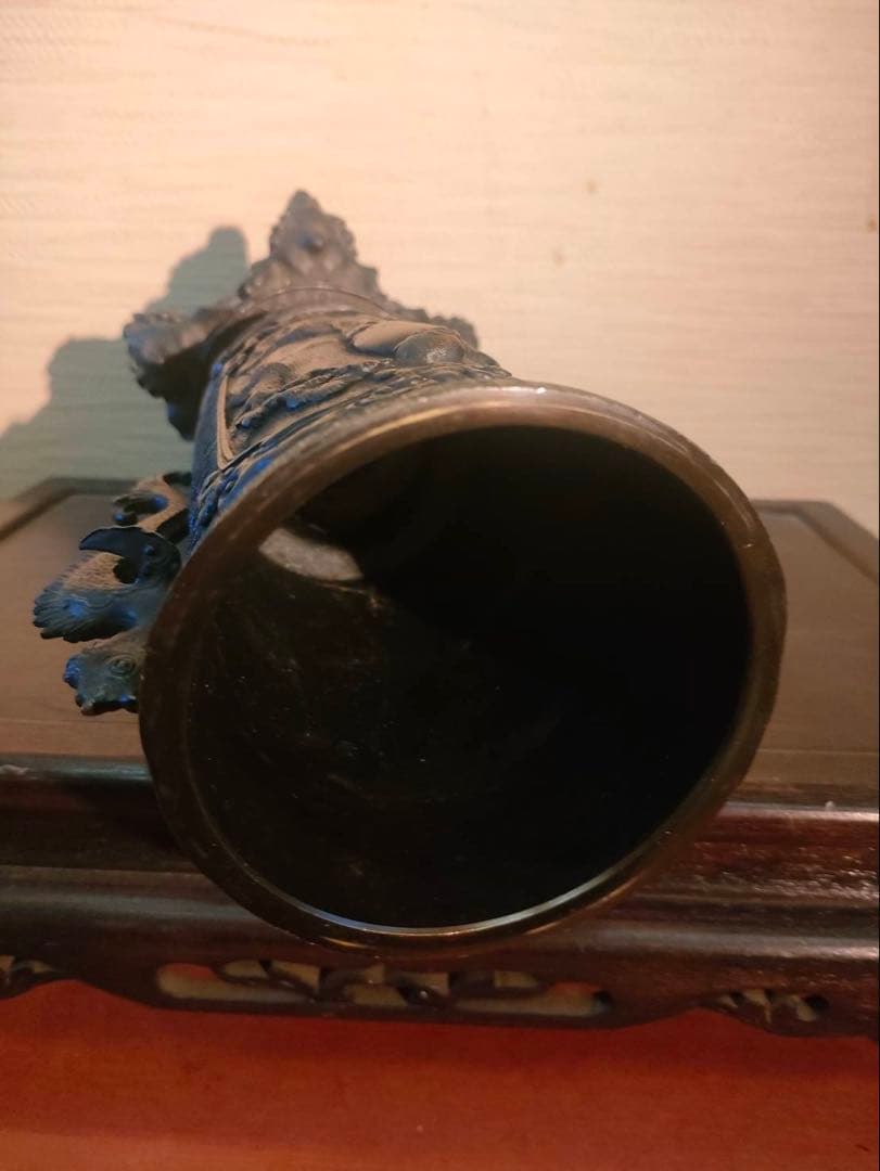 薄端 青銅製 龍双耳 五足 人物花鳥紋 獣足 幅32㎝ 重量約7kg