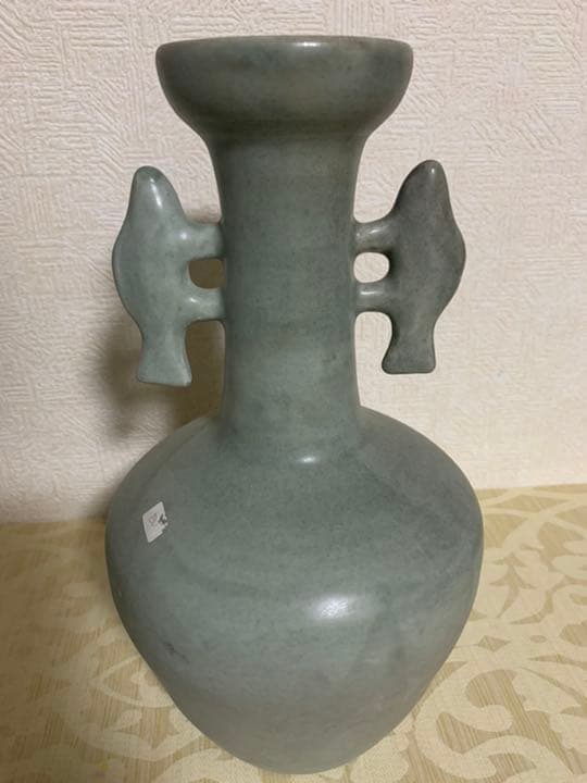 中国古美術/南宋青釉雙魚龍耳花瓶/倉庫整理品