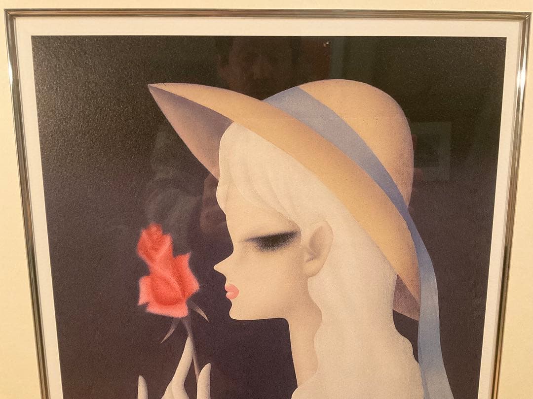 東郷青児　「バラ一輪」　リトグラフ　直筆サイン・エディション・作品証明シール有り