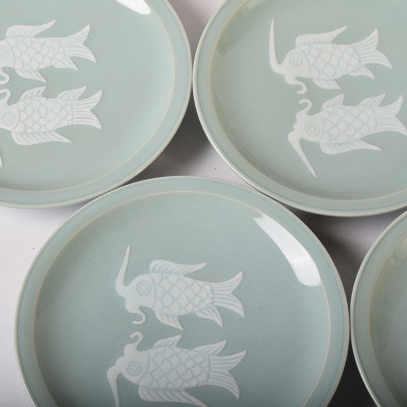 京焼　清水焼　東山窯　宮永東山作　青磁　双魚文　皿　五客　共箱　C　7627