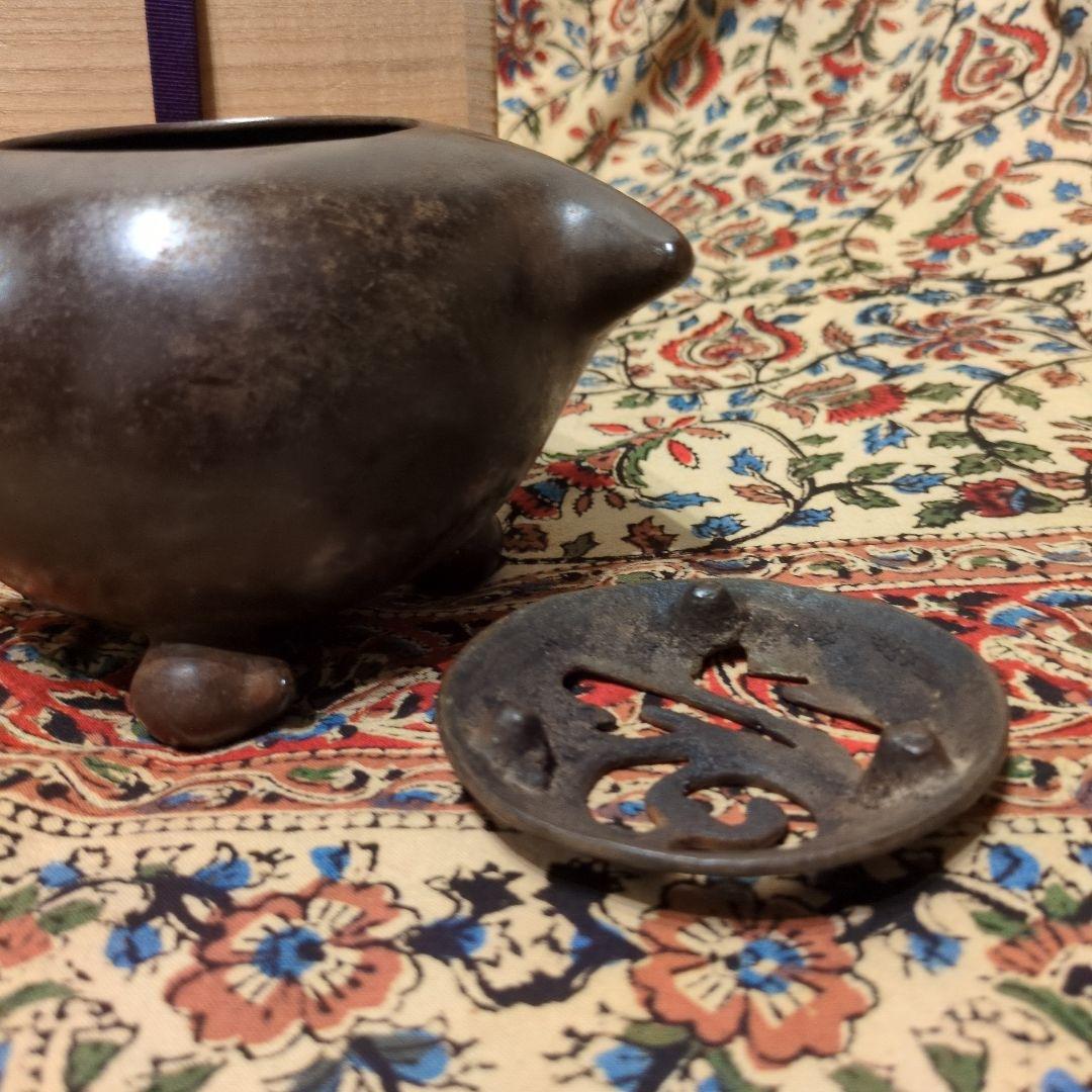 唐銅 桃型 香炉 蓋福字透かし