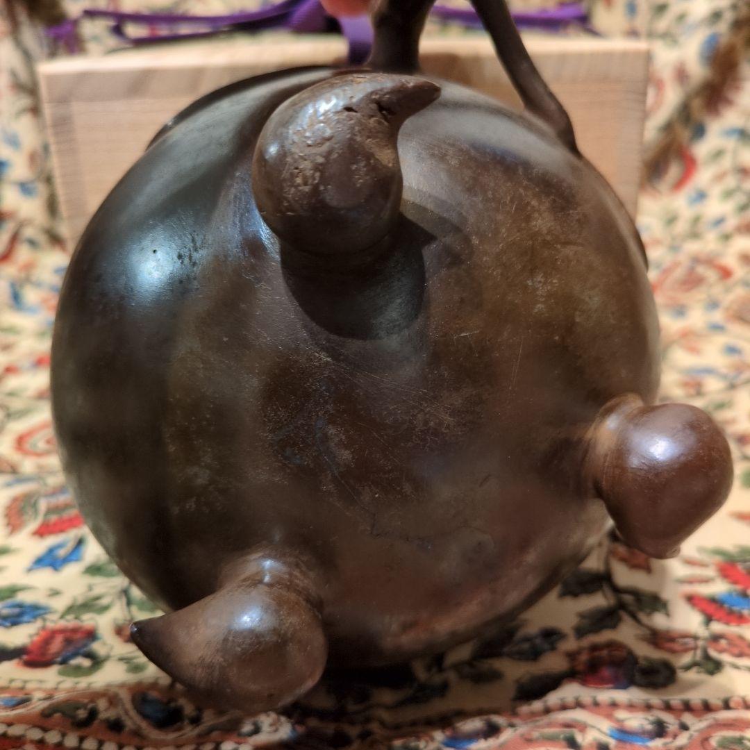 唐銅 桃型 香炉 蓋福字透かし