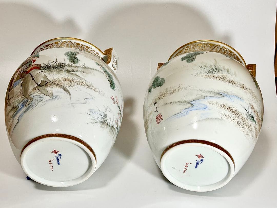 初代川本桝吉 安井如苞画 大日本七宝会社販売 牧童図花瓶一対 明治 瀬戸焼 瀬戸