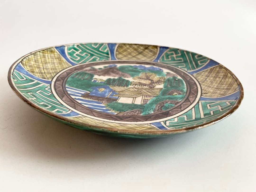 骨董　アンティーク　青手九谷　山水図　皿　絵皿　古九谷　角福