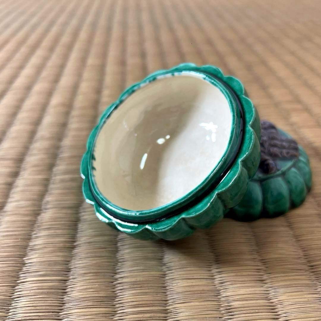 #XG441 陶芸家・中村翠嵐・香合・青交趾・交趾焼・鞠蟹文様・共箱栞布付・香合