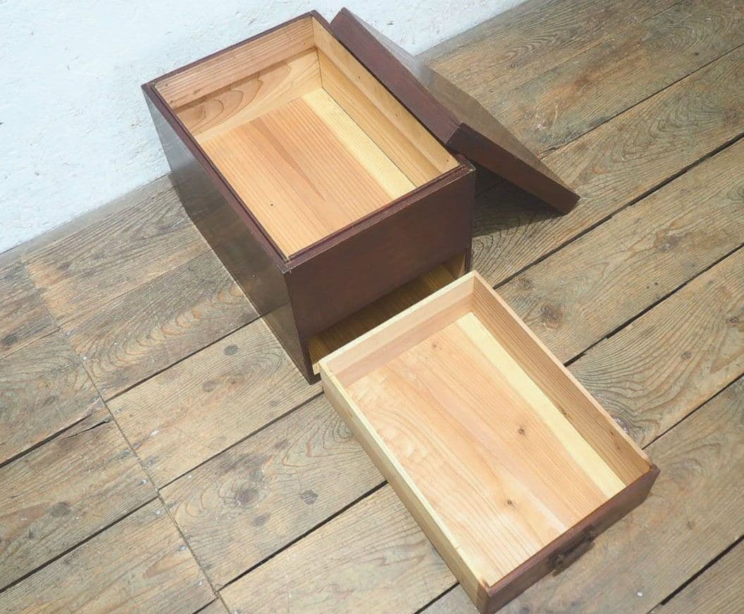 1358 蓋付のレトロな木箱　収納棚　引き出し　ケース　古家具　アンティーク