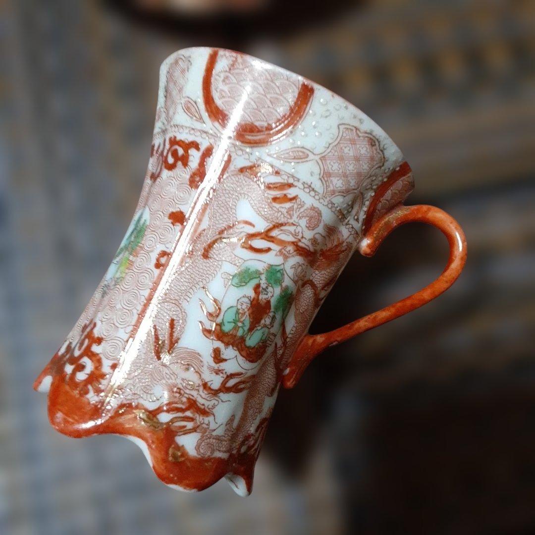 古い幕末明治超絶技巧カップ&ソーサーセット/金錦窓寿龍唐草青海波/卵殻手高級骨董