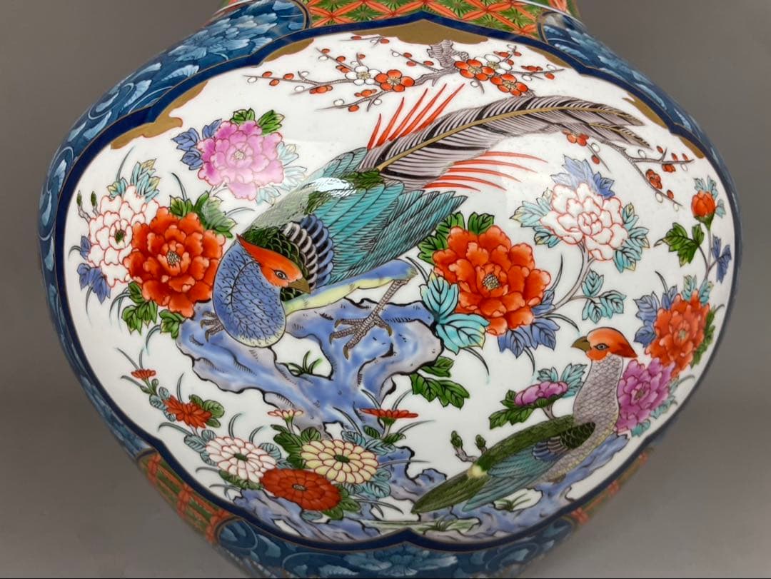 有田焼銘工 藤井勝雲 極上 染錦 花鳥図花瓶 金箔 金彩色絵 双耳 飾壷 置物