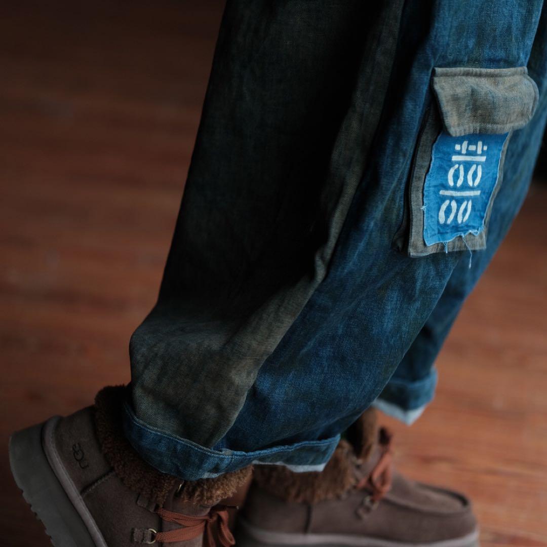 藍染デニムサルエルパンツ 大きなポケット付き