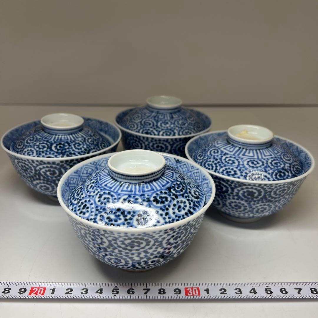 江戸後期　古伊万里　蛸唐草蓋茶碗4客　身口径約10.5㎝東Y7-1208③タサチ