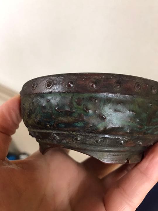 盆栽鉢　⑦2個時代常滑名工泥珠釉がけ朱泥上下鋲打/文山六角鉢ミニ盆栽山野草植木鉢