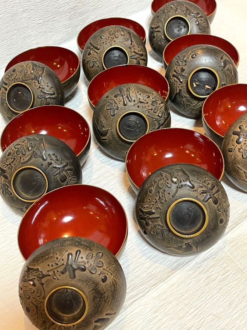 鉄錆塗　会津　吸物椀　9客　骨董　蓋付き椀　明治大正時代148