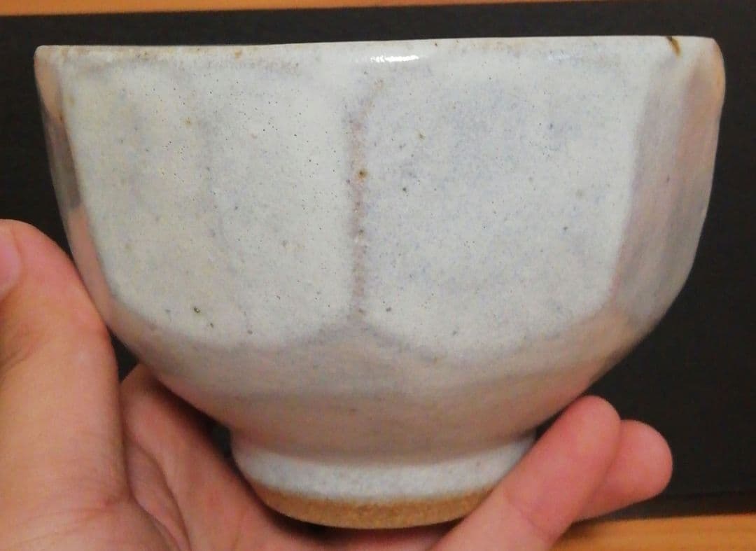 浜田晋作　益子焼　白釉　面取　茶碗　共箱　略歴付　茶道具