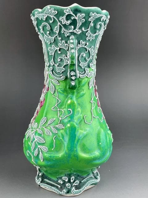 【希少】オールドニッポン 緑地藤紋一陳盛り花瓶 アールヌーボー様式 盛上げ 花器