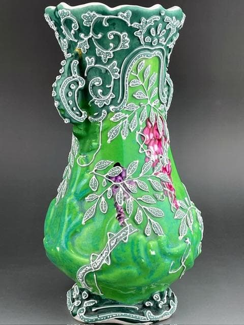 【希少】オールドニッポン 緑地藤紋一陳盛り花瓶 アールヌーボー様式 盛上げ 花器