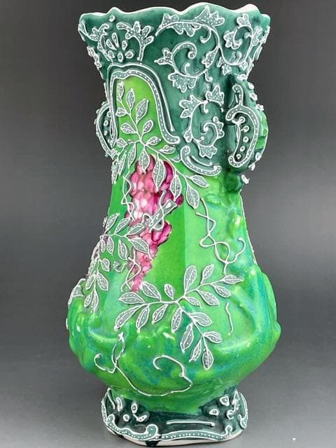 【希少】オールドニッポン 緑地藤紋一陳盛り花瓶 アールヌーボー様式 盛上げ 花器