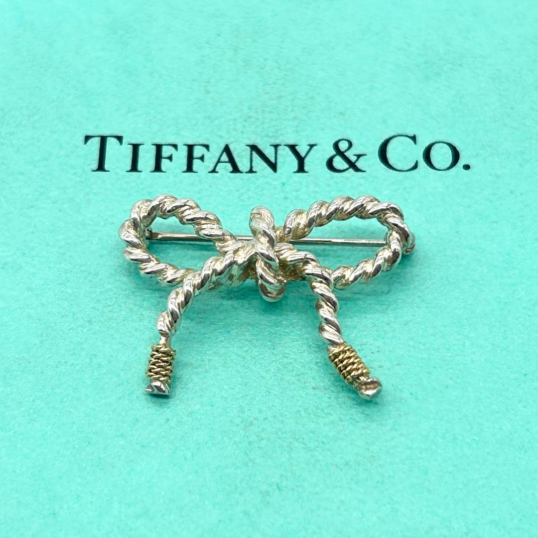美品　ティファニー　リボン　ツイスト　コンビ　ブローチ　925 750