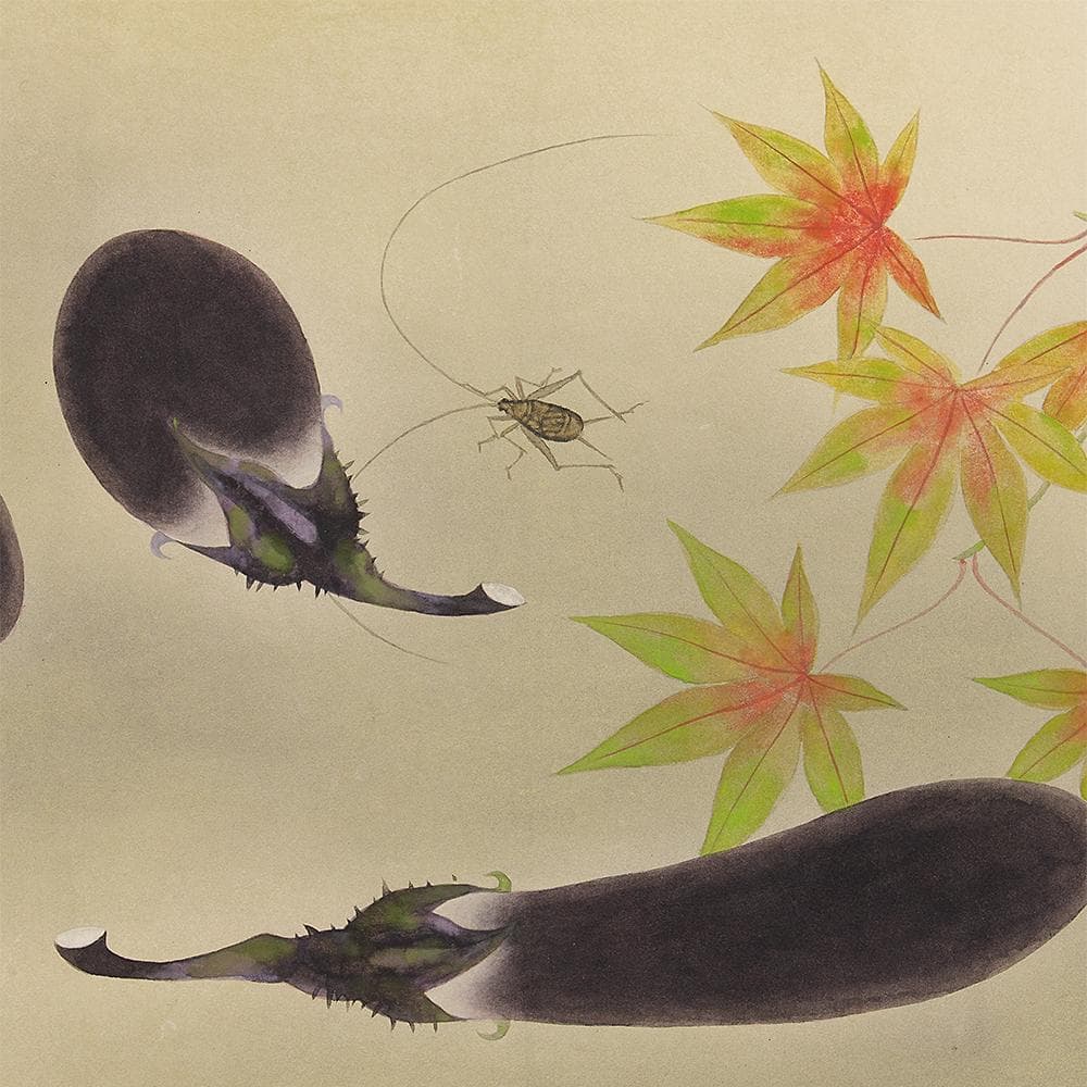 掛軸 横幅 東韶光「虫の音」共箱 秋の軸 秋茄子 紅葉 蟋蟀
