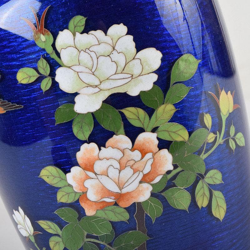 七宝焼　青透釉　花鳥文　花瓶　唐木台・時代箱付　M　R9422