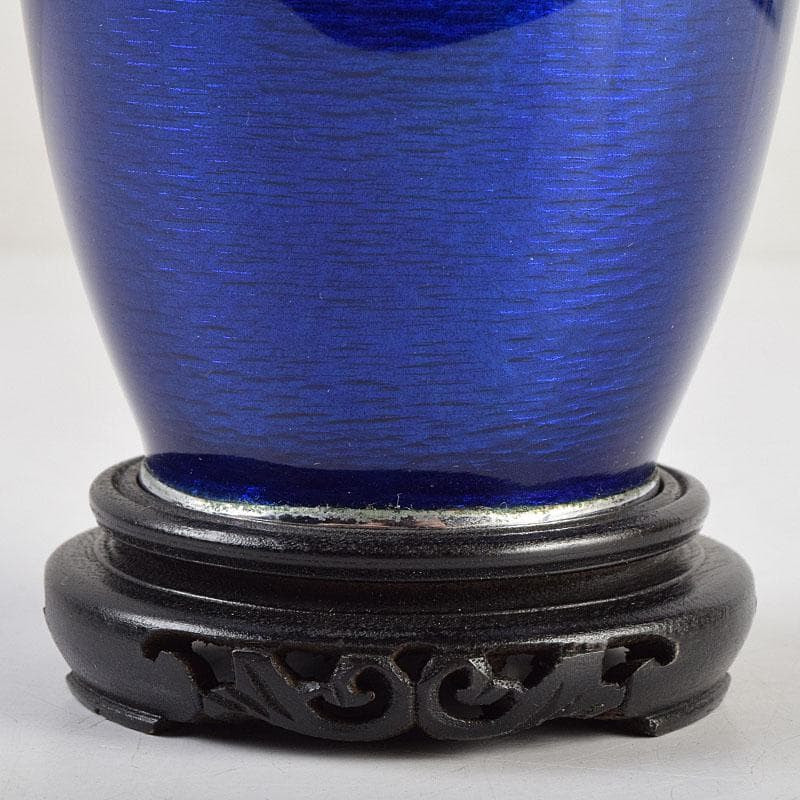 七宝焼　青透釉　花鳥文　花瓶　唐木台・時代箱付　M　R9422