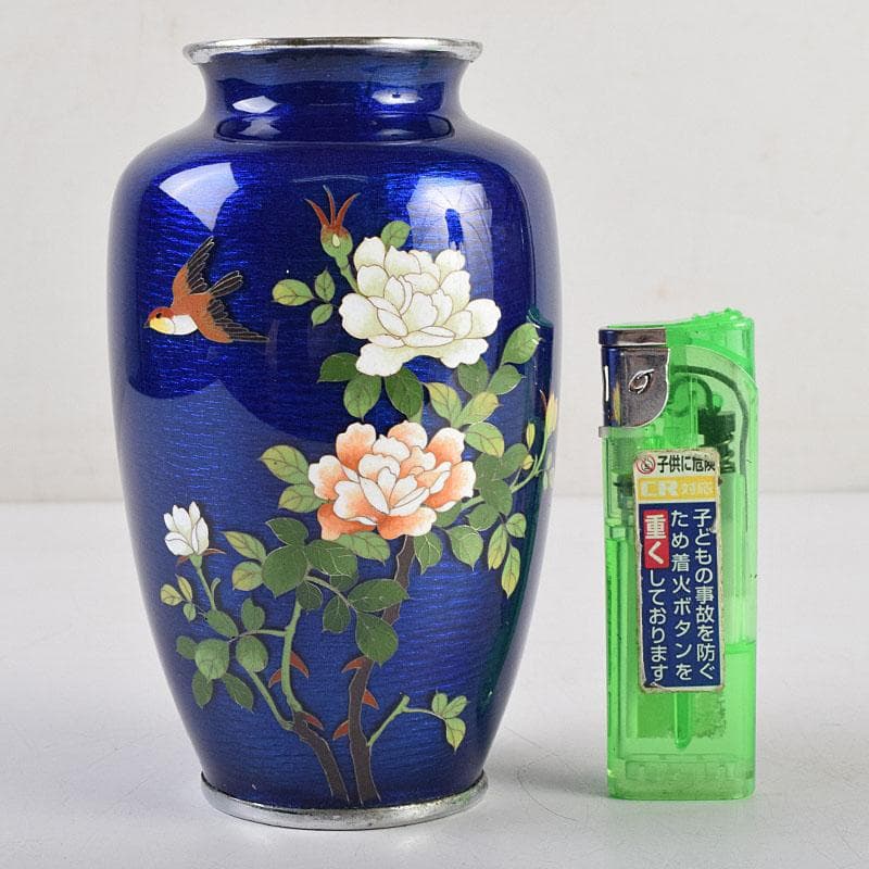 七宝焼　青透釉　花鳥文　花瓶　唐木台・時代箱付　M　R9422