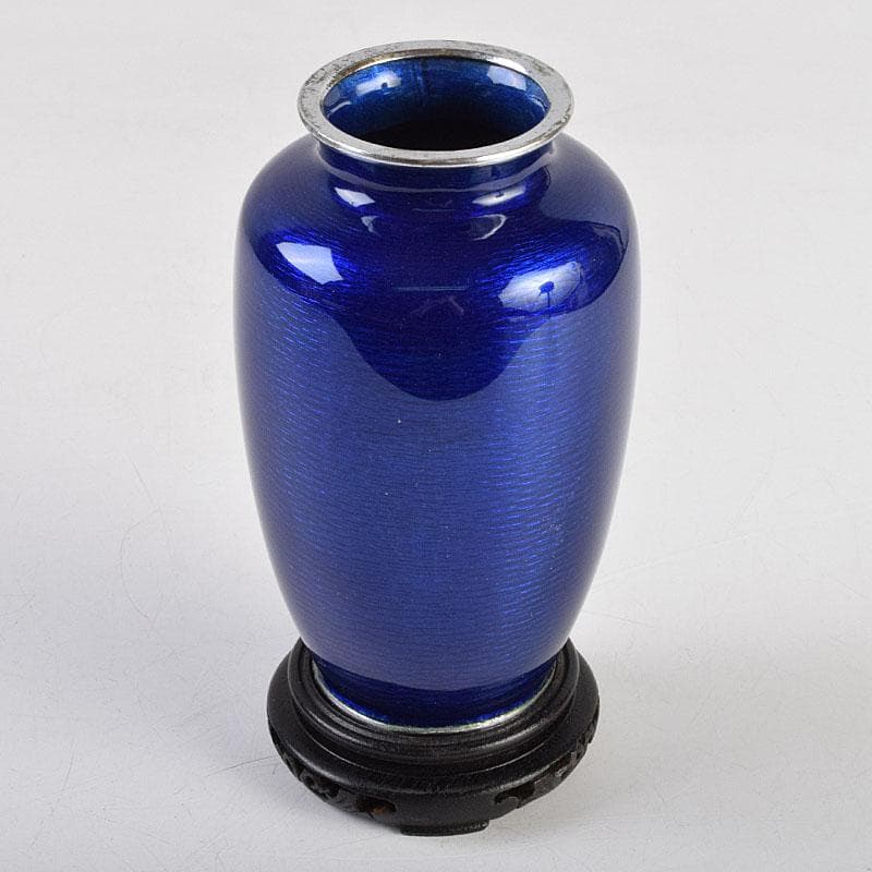 七宝焼　青透釉　花鳥文　花瓶　唐木台・時代箱付　M　R9422