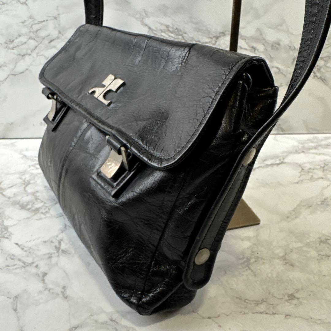 courreges クレージュ フランス製 本革 レザー ショルダーバッグ 黒