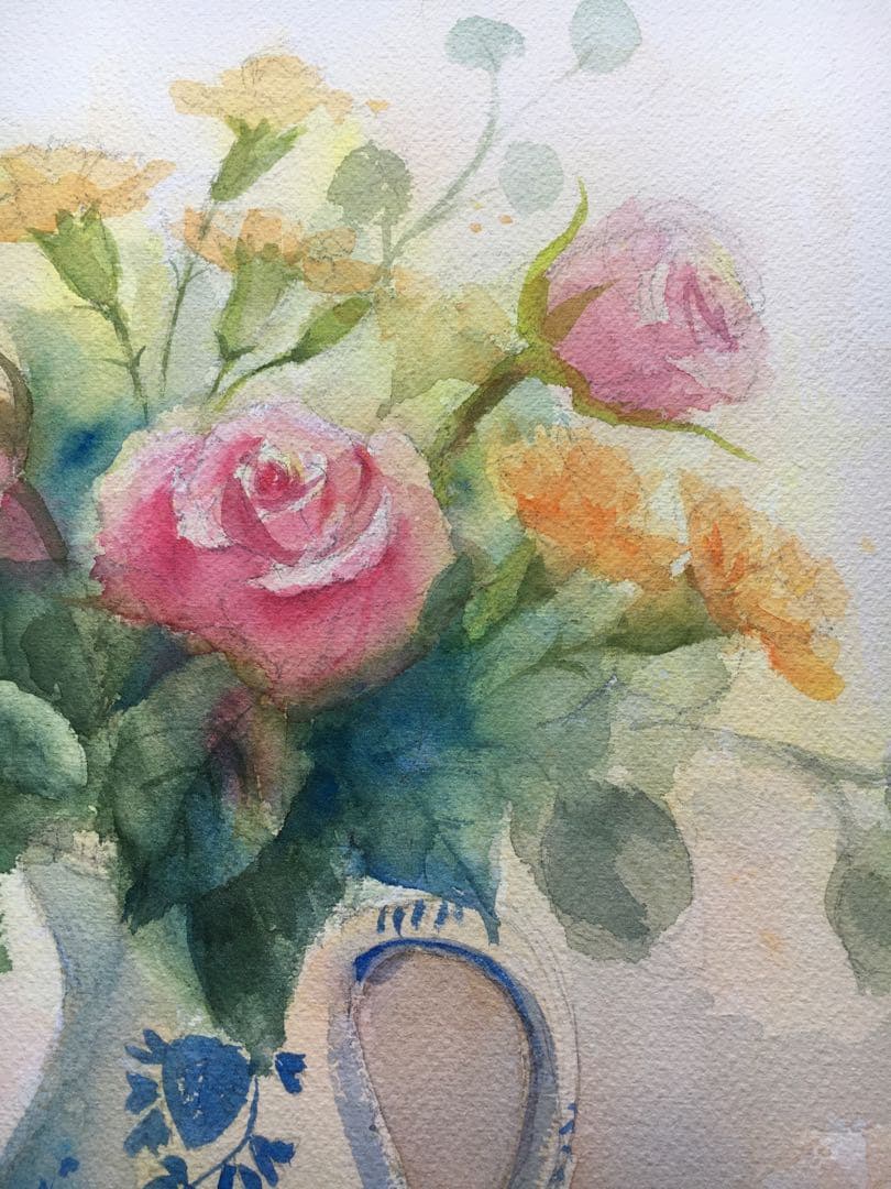 透明水彩画原画デルフト焼きの花瓶と春の薔薇たち④