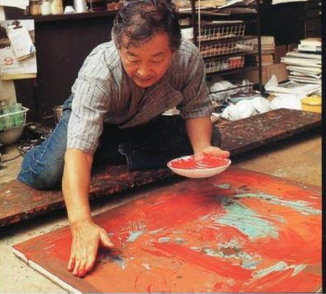 真作　上野泰郎　油絵　油彩画　木の下の人々　金地　キリスト教　額装　サイン入り