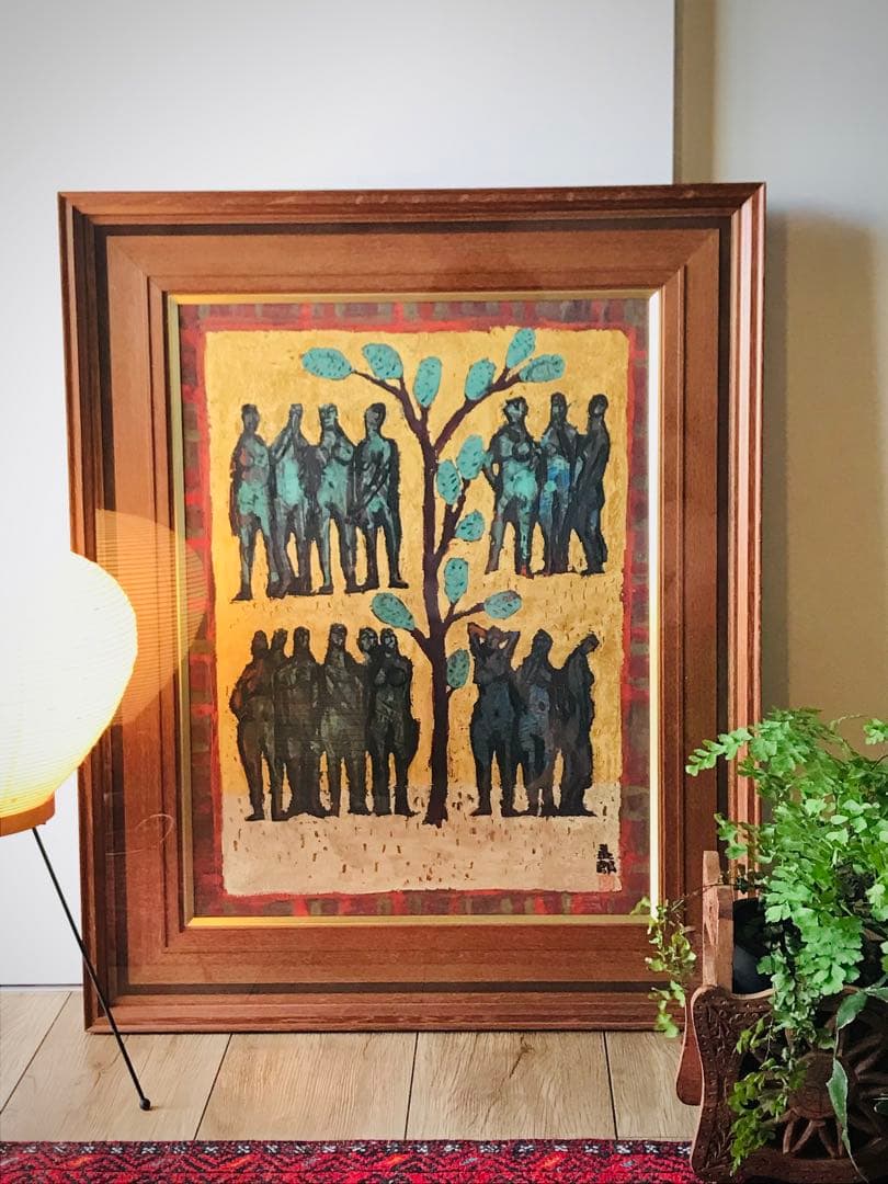 真作　上野泰郎　油絵　油彩画　木の下の人々　金地　キリスト教　額装　サイン入り