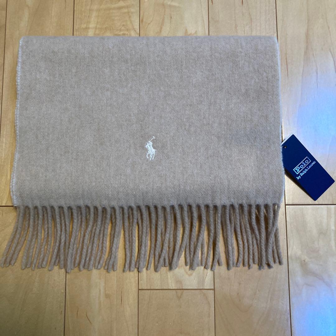 新品タグ付きポロラルフローレン/フリンジウールマフラー/イタリア製ベージュ