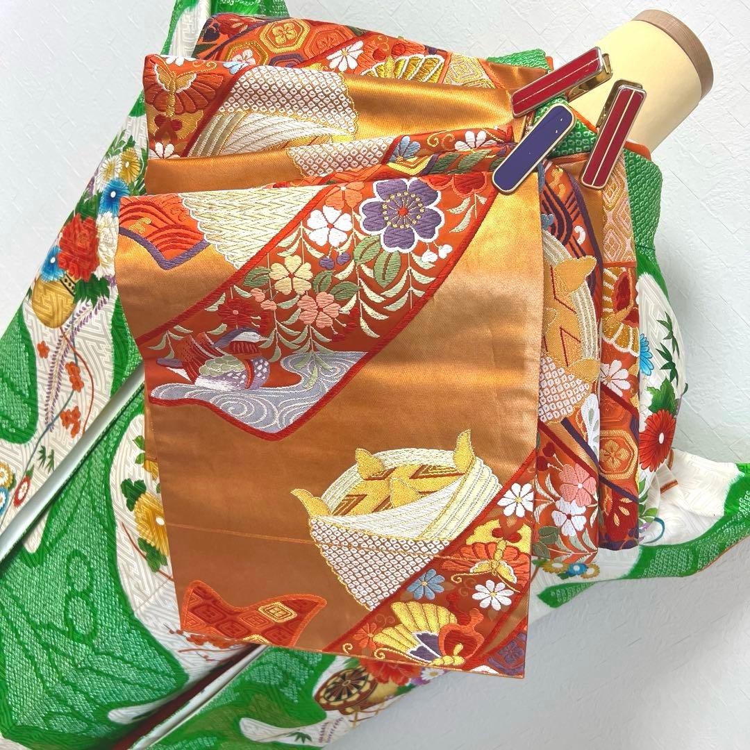 474 振袖フルセット 正絹 緑グリーン オレンジ レトロ 絞り 金彩 駒刺繍