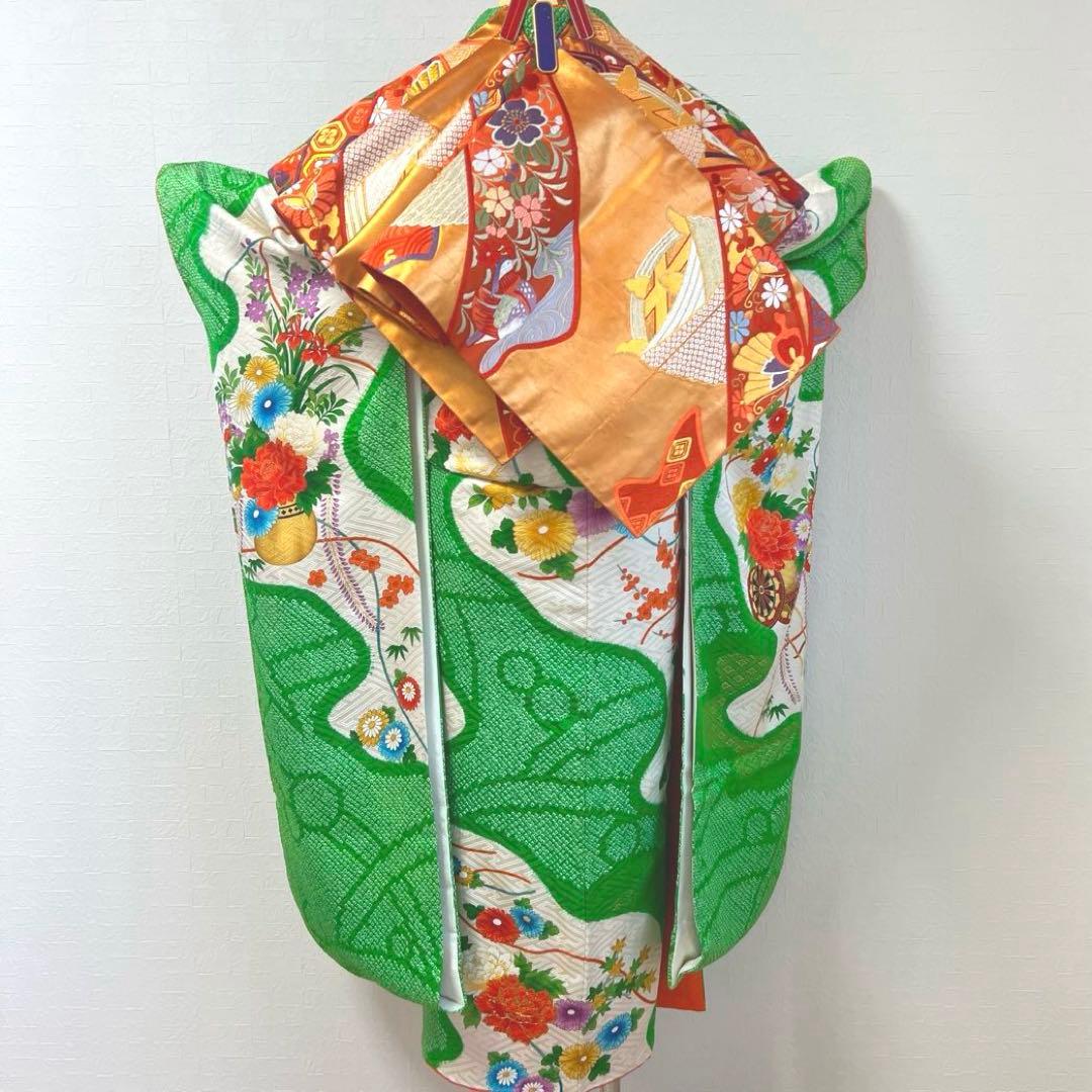 474 振袖フルセット 正絹 緑グリーン オレンジ レトロ 絞り 金彩 駒刺繍