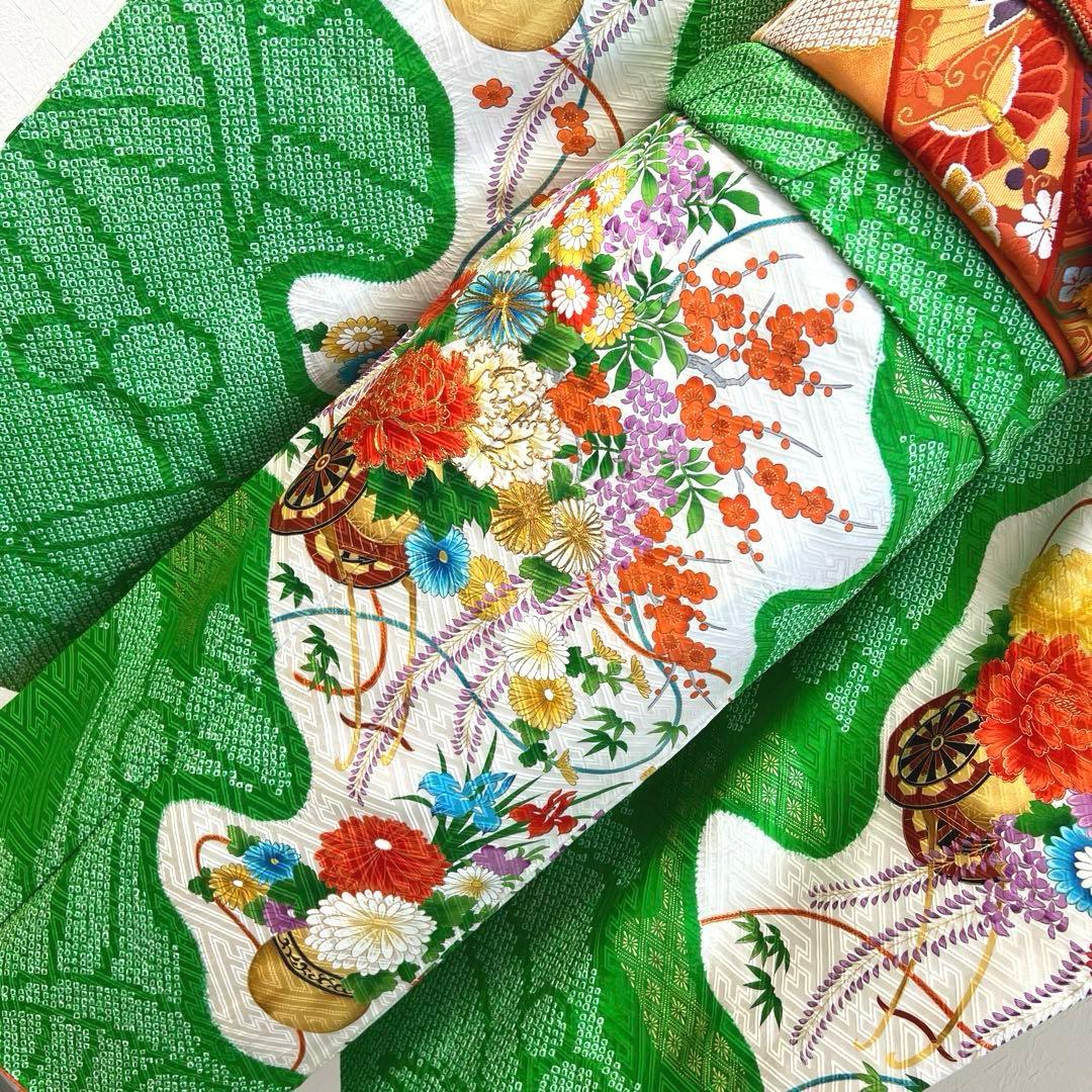 474 振袖フルセット 正絹 緑グリーン オレンジ レトロ 絞り 金彩 駒刺繍