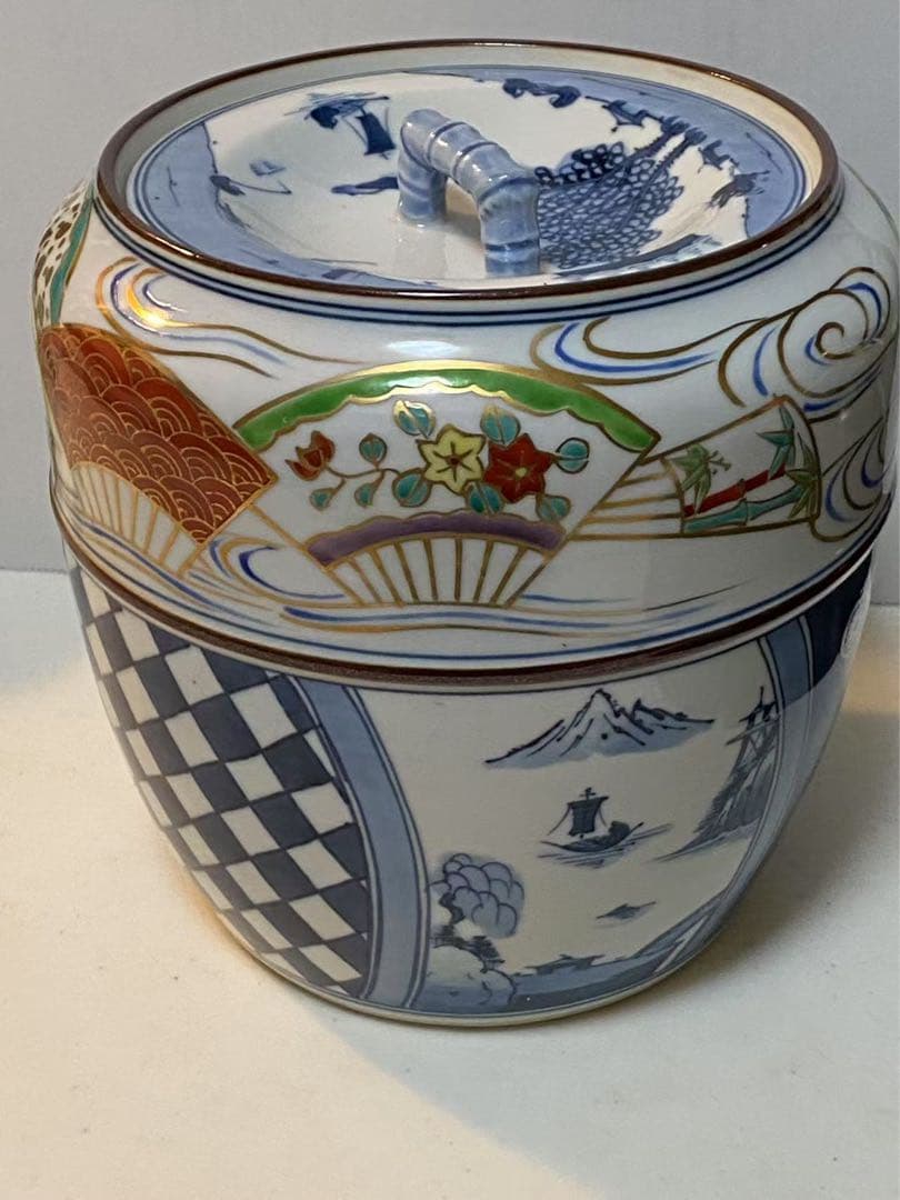 染付金蘭手山水文扇面文水指建水蓋 置物 時代物