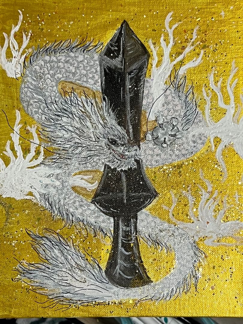 ドラゴンと矢のアクリル画