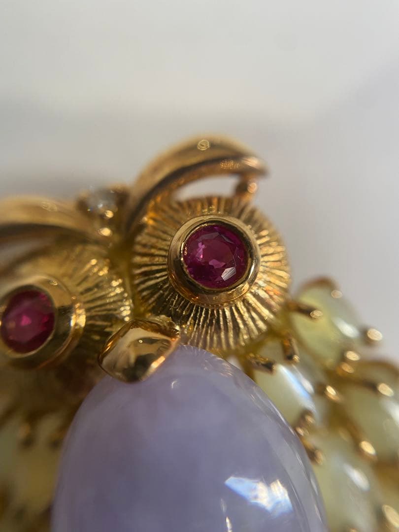 K18 フクロウ　ブローチ　翡翠4.21ct R0.26ct、D0.1ct