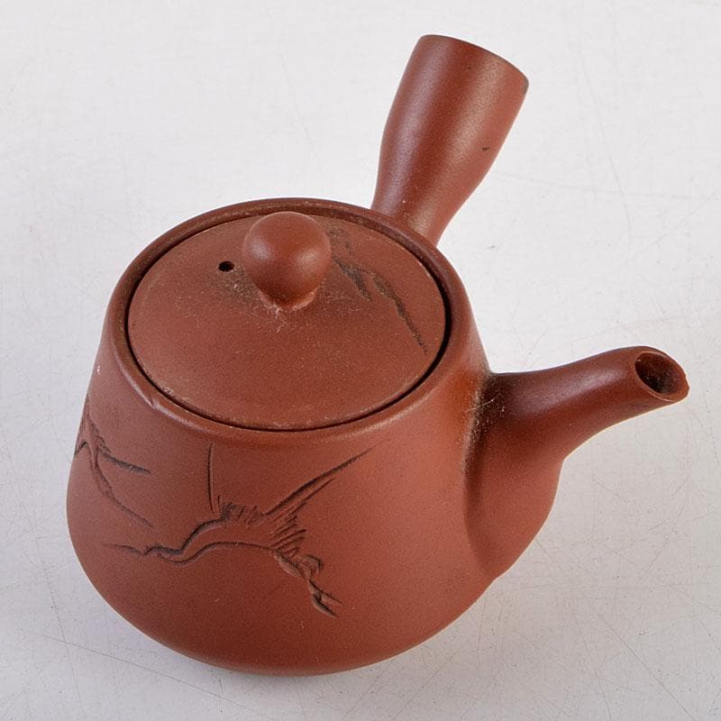 煎茶道具　俊峯作　紫砂　朱泥　鶴刻　急須　茶壷　C　9271