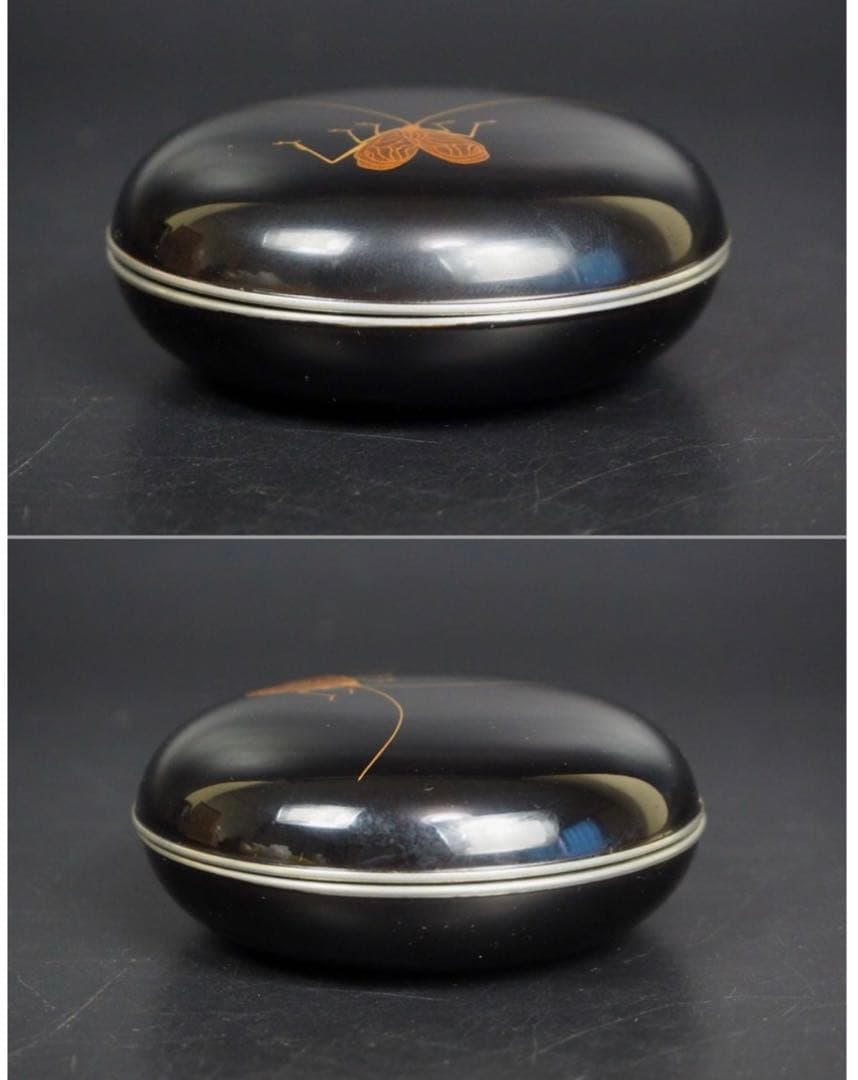 送料無料　時代物　峰志造　銀縁　蒔絵　鈴虫香合　共箱　茶道具華道具