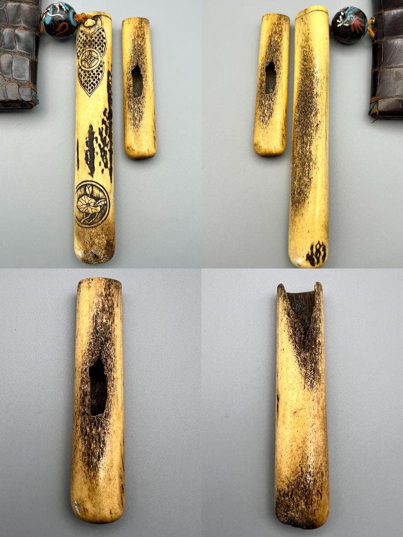 江戸明治時代　獅子図金具　骨製キセル入れ　大玉龍図根〆　銀製キセル　重量170g