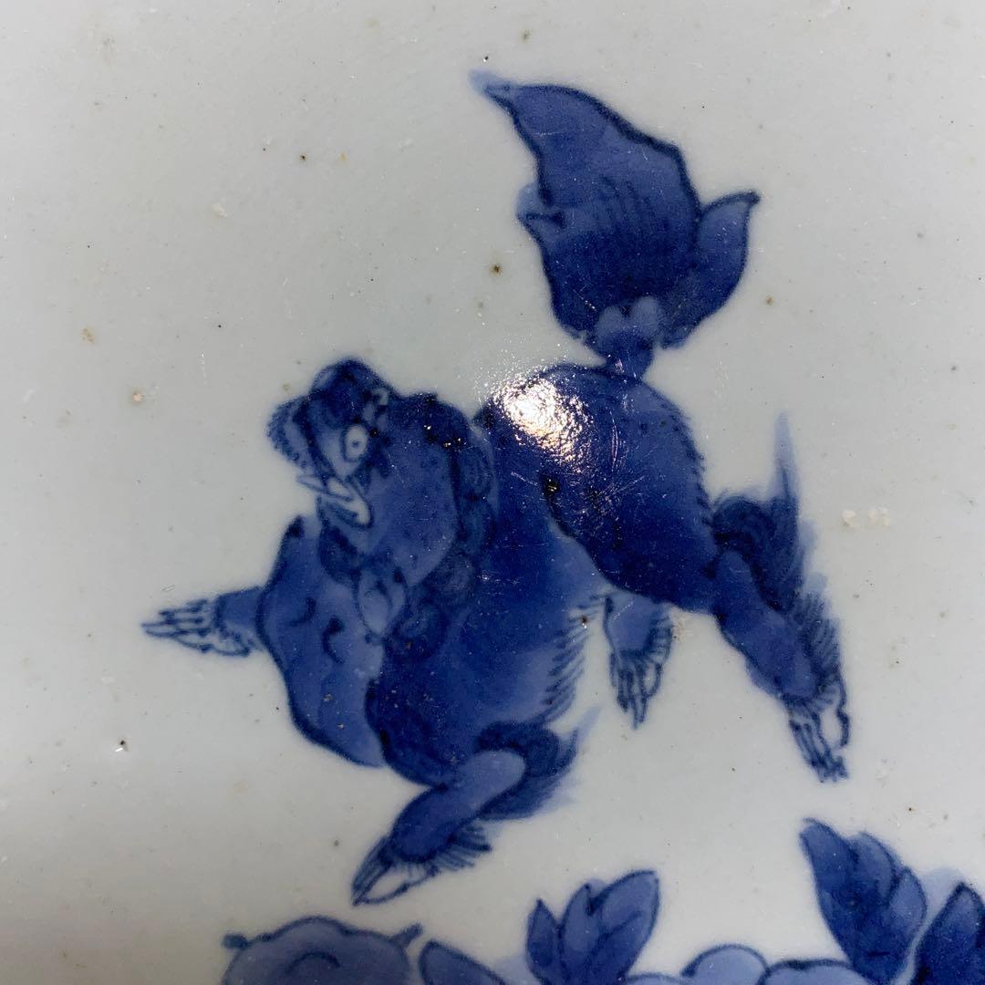 古染付　藍柿右衛門　唐獅子牡丹紋皿　江戸1670頃