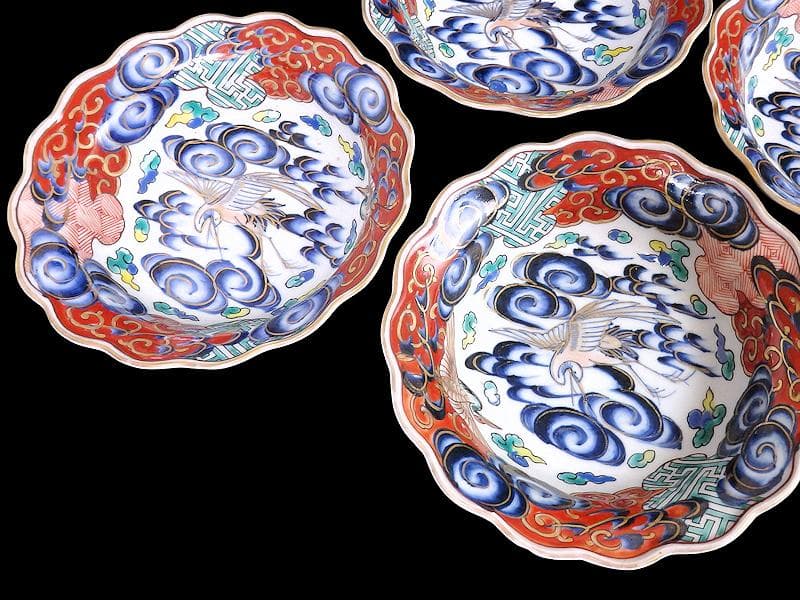 古伊万里　色絵　雲に双鶴の図　輪花膾皿　５客　B145AS-fbuz