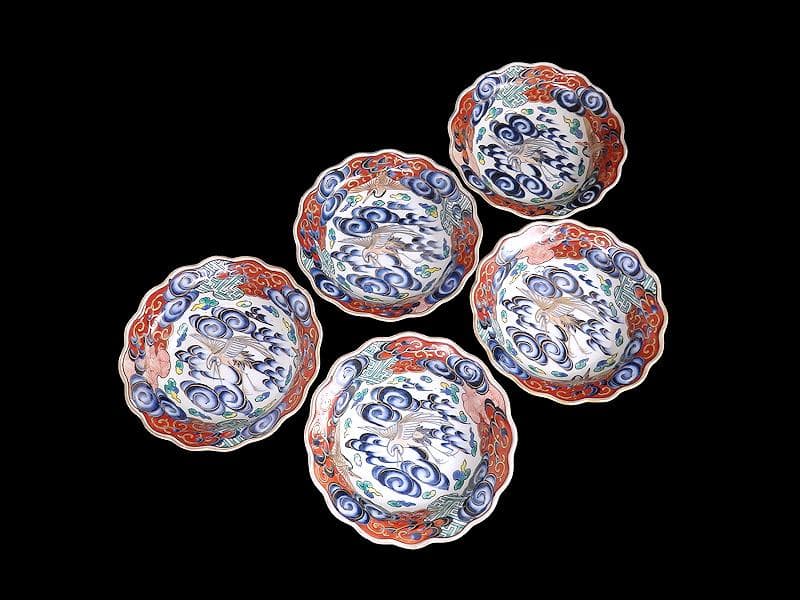 古伊万里　色絵　雲に双鶴の図　輪花膾皿　５客　B145AS-fbuz